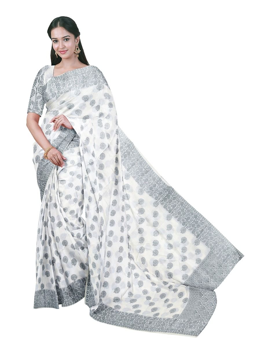 Gracecharm Semi Jute Floral Rosette Butta with Floral Diamond Jaal Pallu Saree