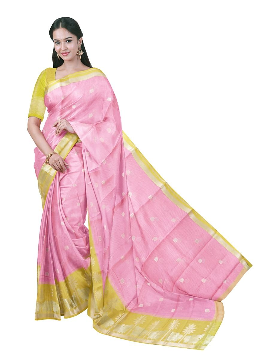 GraceCharm Manipuri Cotton Annapakshi Buta with Palm Tree Border Saree