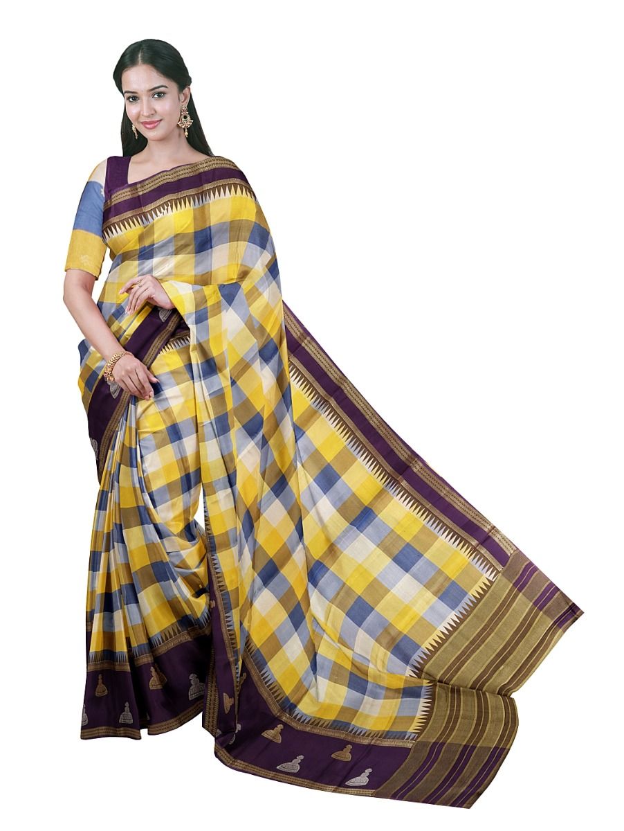 Fancy Viscose Tissue Yellow Blue Checks Purple Jhumka Border Saree