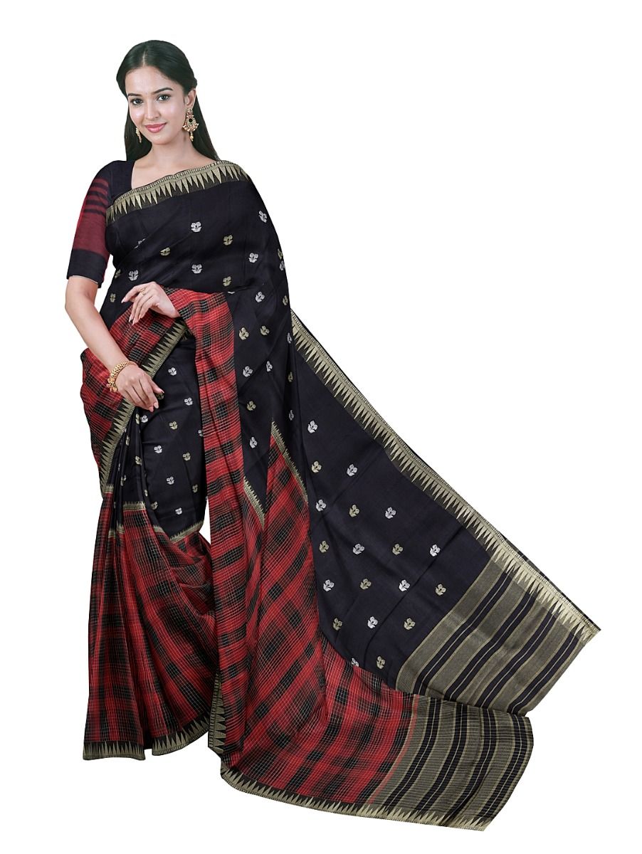 Fancy Viscose Tissue Black Red Checks Gold Zari Temple Border Saree