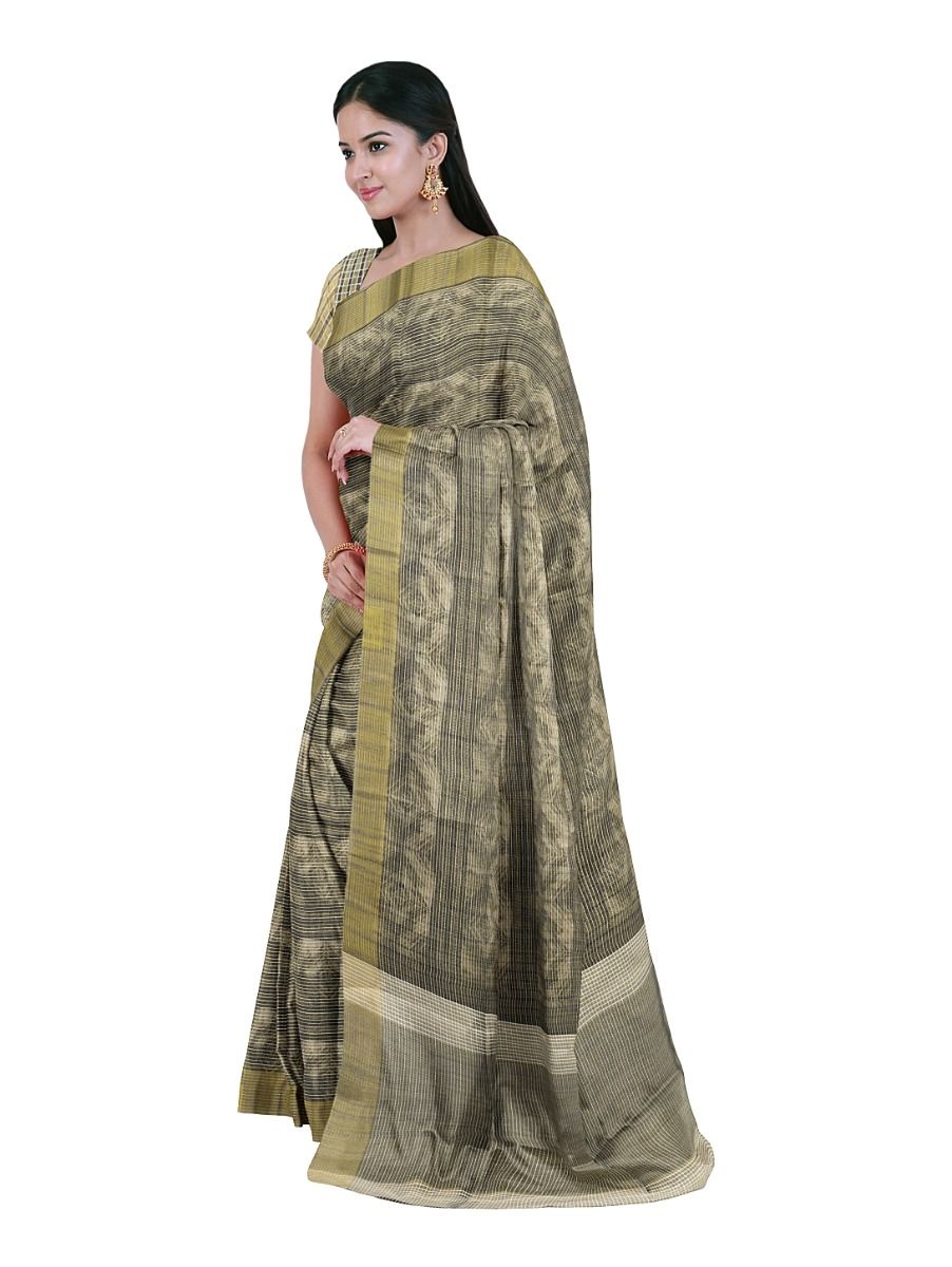 Gracecharm Semi Jute Geometric Diamond with Striped Pallu Border Saree