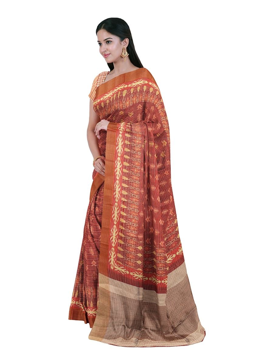 Gracecharm Semi Jute Geometric Ikat Butta with Striped Pallu Border Saree