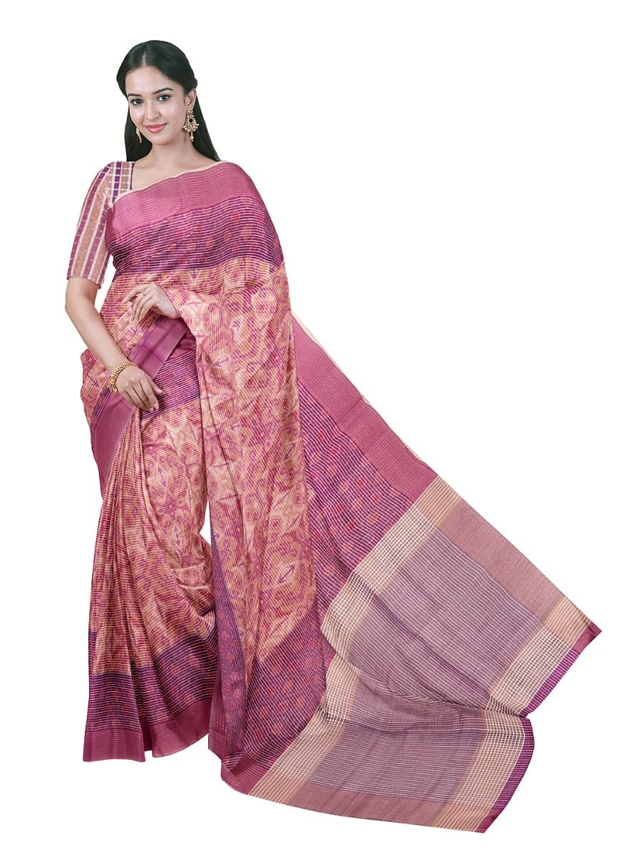 Gracecharm Semi Jute Ornamental Ogee Jaal with Striped Pallu Border Saree
