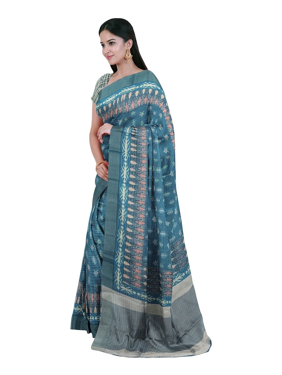 Gracecharm Semi Jute Geometric Ikat Butta with Striped Pallu Border Saree