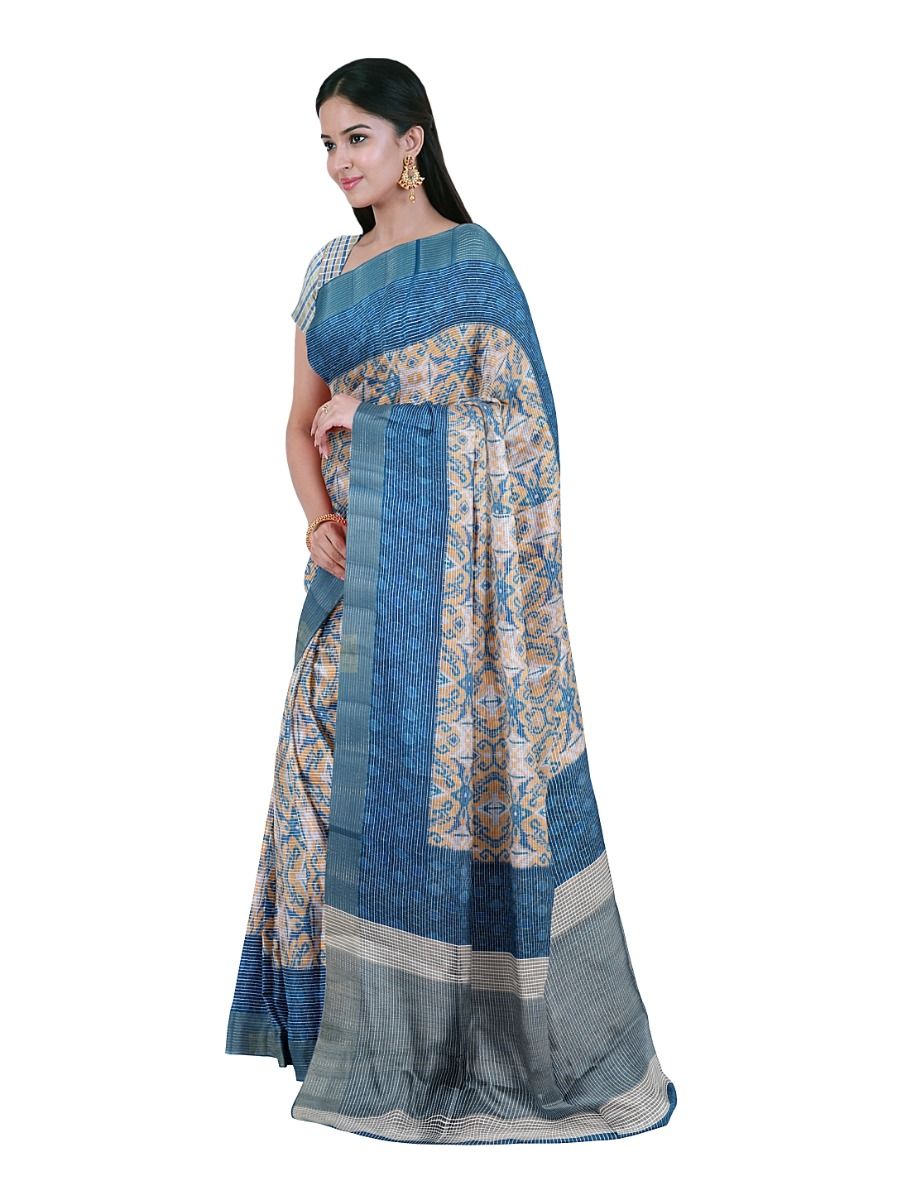 Gracecharm Semi Jute Ornamental Ogee with Striped Pallu Border Saree