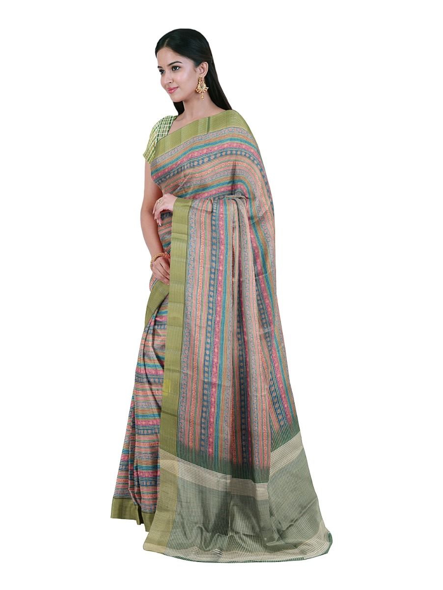 Gracecharm Semi Jute Multicolour Geometric Stripes with Check Pallu Border Saree