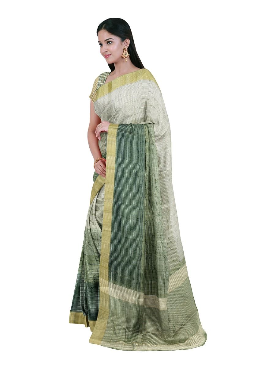 Gracecharm Semi Jute Abstract Curvilinear Geometric with Striped Pallu Border Saree