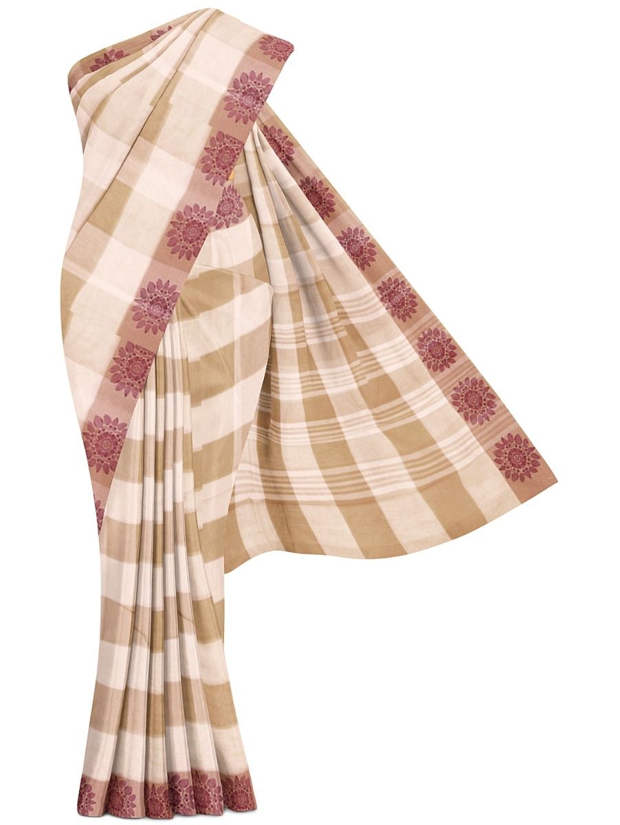 Gracecharm Elegant Kovai Cotton Beige Check Floral Border Saree   