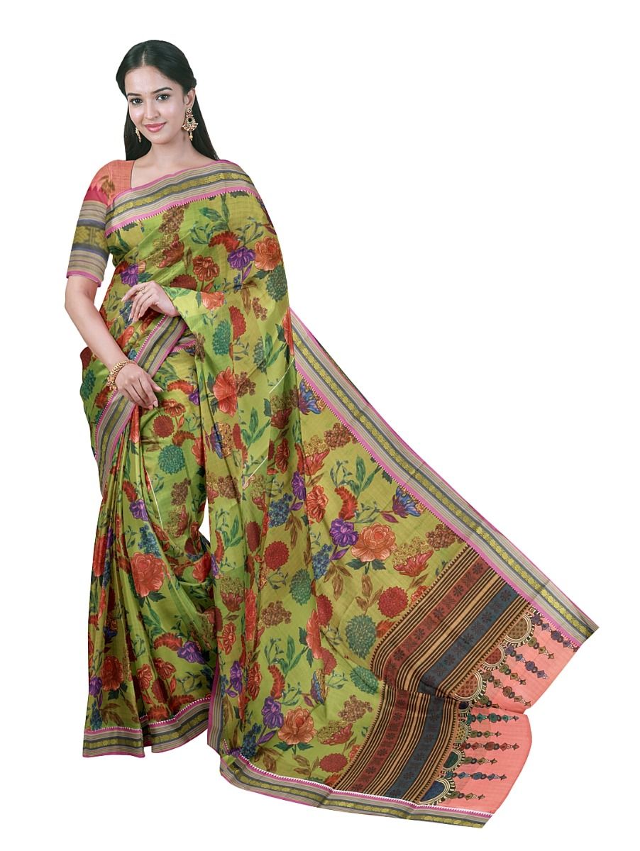 Gracecharm Elegant Chanderi Cotton Floral Print Striped Pallu Saree