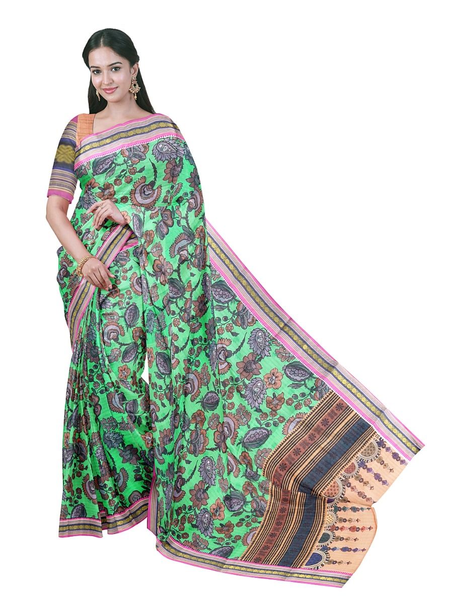 Gracecharm Elegant Chanderi Cotton Floral Print Striped Pallu Saree