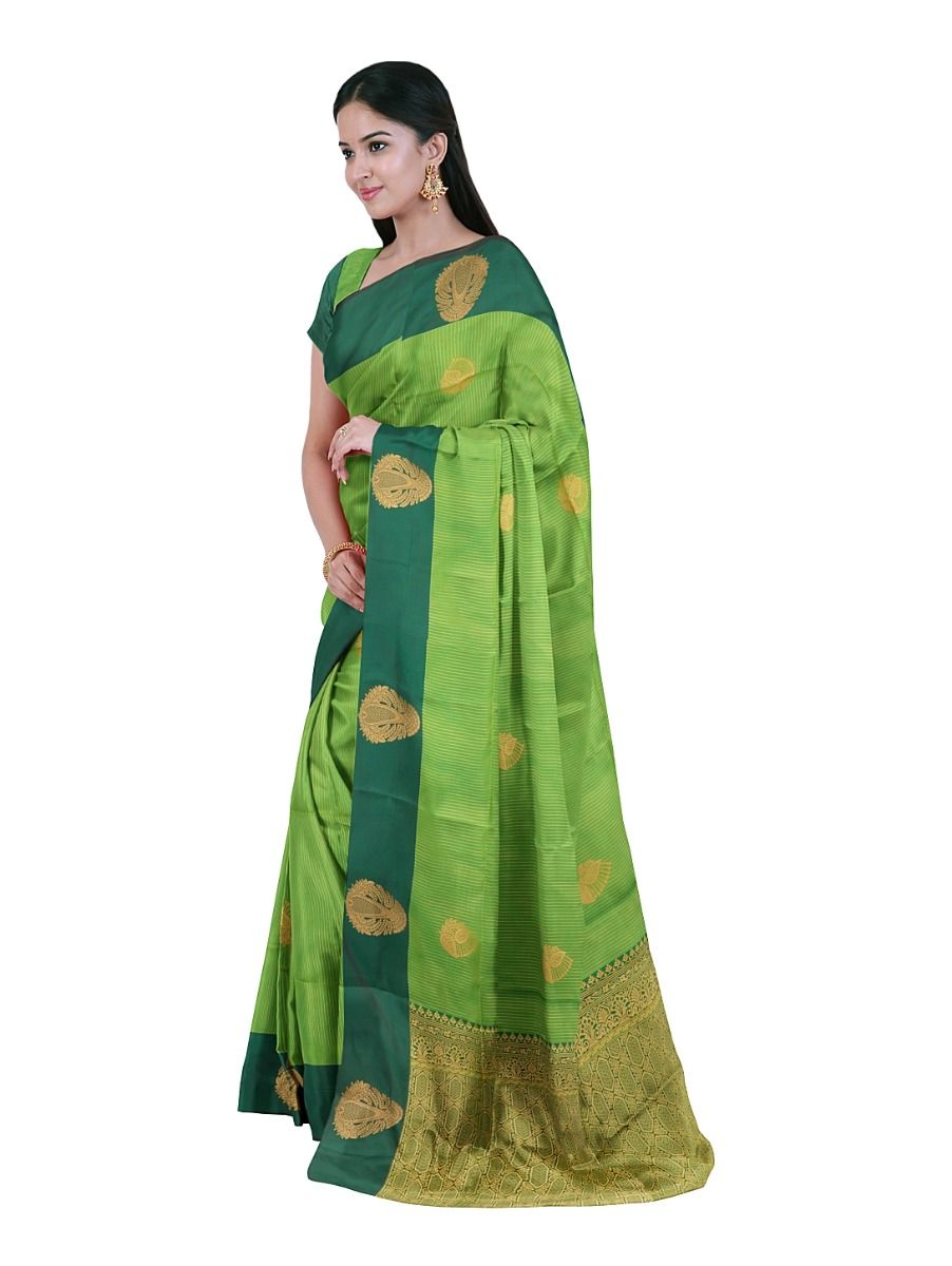 Gracecharm Art Soft Silk Parrot Green Zari Butta Dark Green Contrast Border Saree
