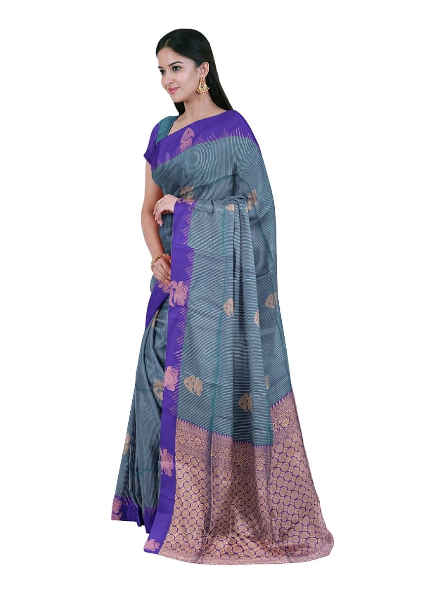 Gracecharm Art Soft Silk Teal Blue Floral Zari Butta Contrast Border Saree