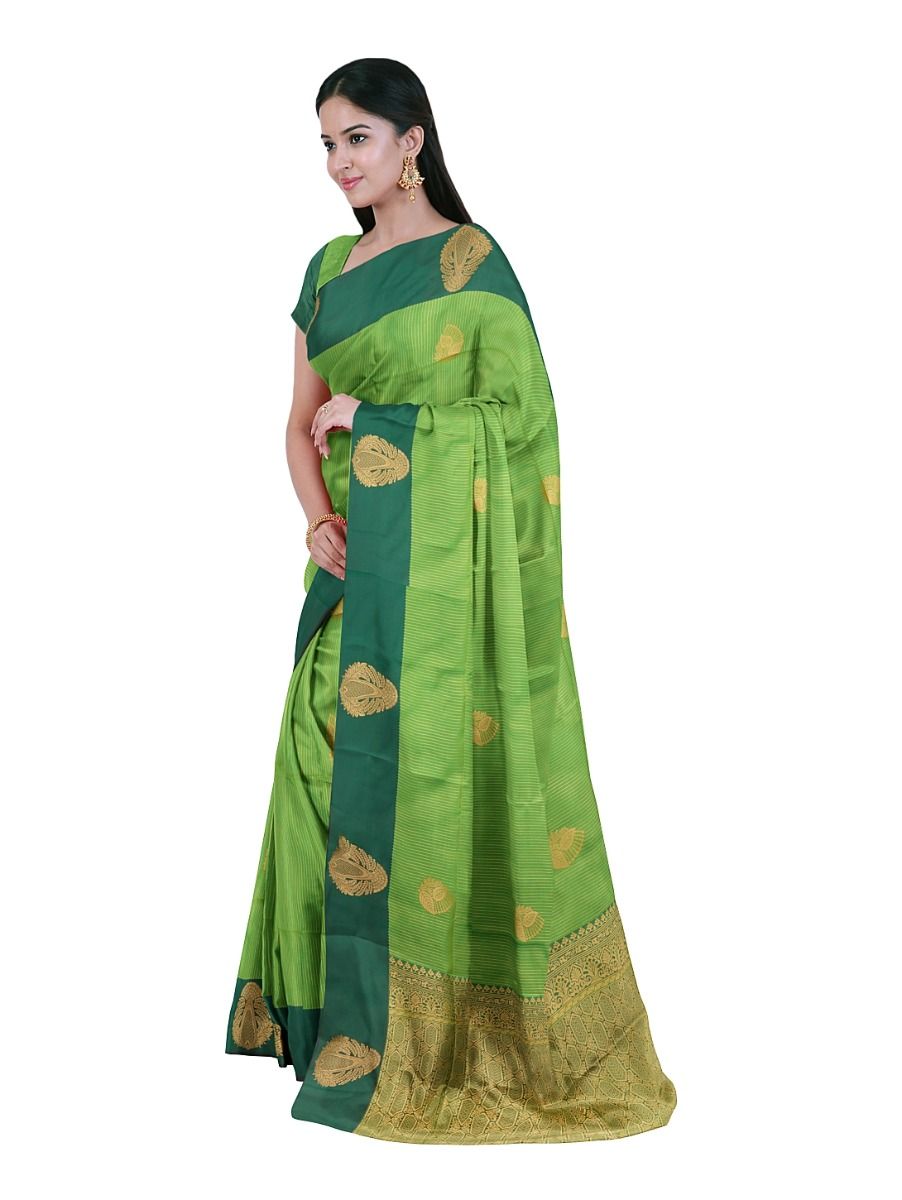 Gracecharm Art Soft Silk Parrot Green Zari Butta Contrast Border Saree