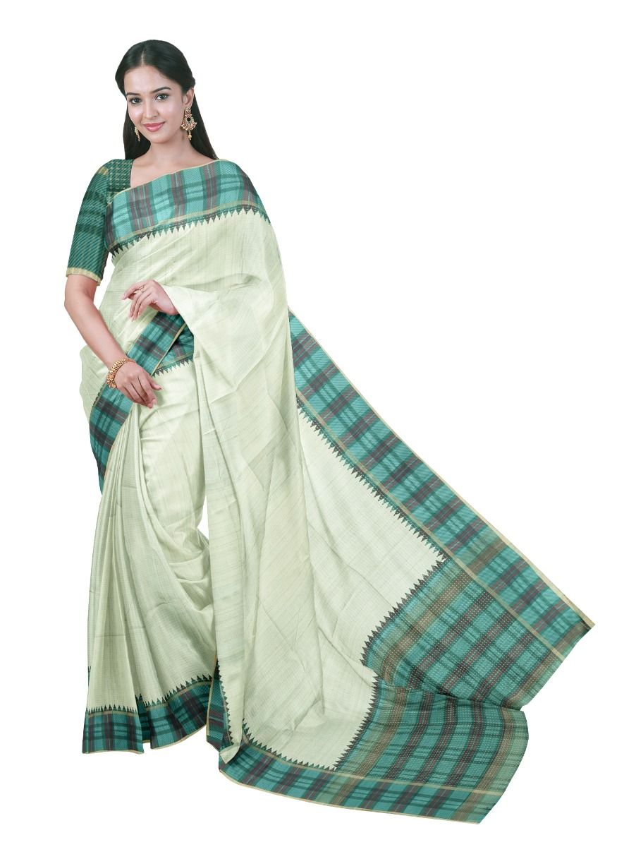 GraceCharm Semi Jute Striped Body Checked Pallu Temple Border Saree
