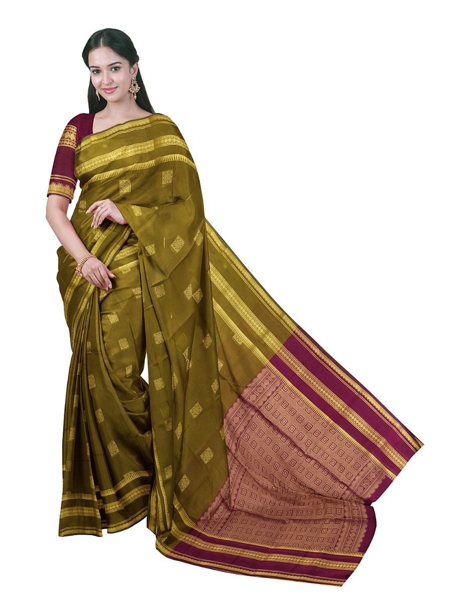 Gracecharm Silk Cotton Square Butta Geometric Grid Pallu Saree