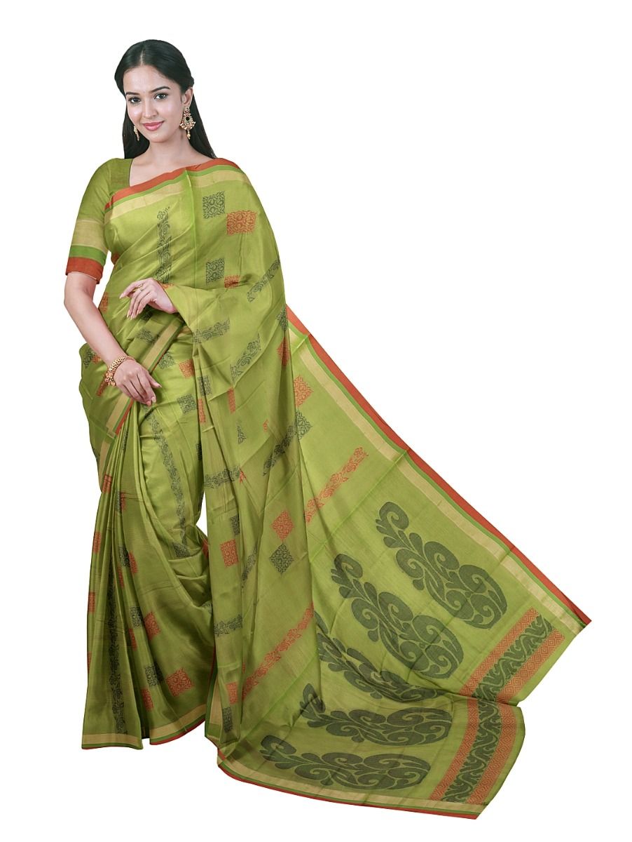 GraceCharm Kovai Cotton Square Floral Buta with Leaf Vine Pallu Saree