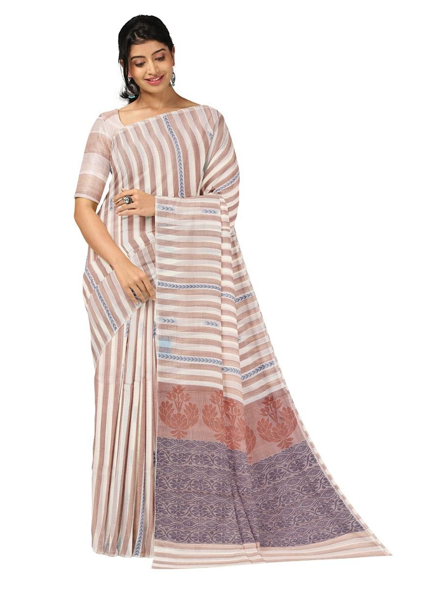 GraceCharm Kovai Cotton Striped Chevron Butta Floral Jaal Pallu Saree