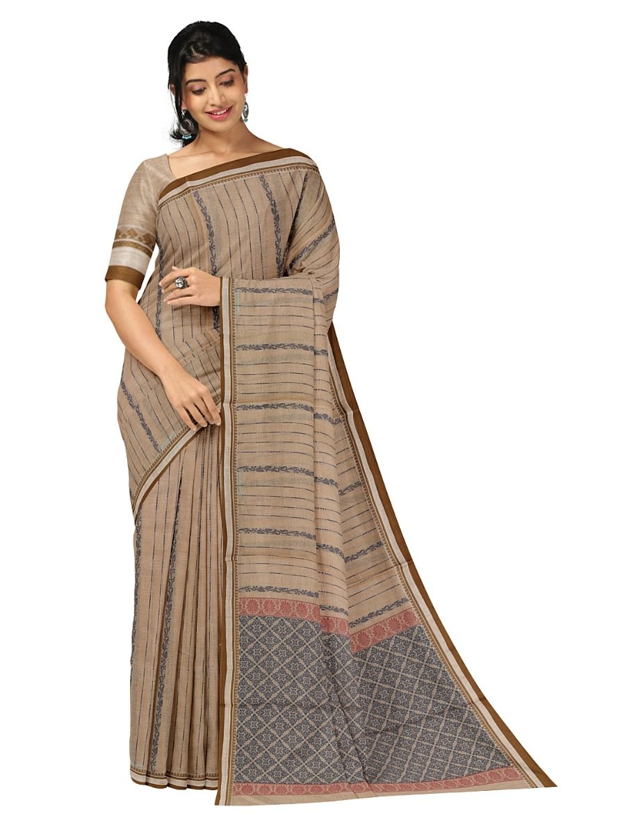 GraceCharm Kovai Cotton Floral Vine Stripe with Geometric Floral Pallu Saree