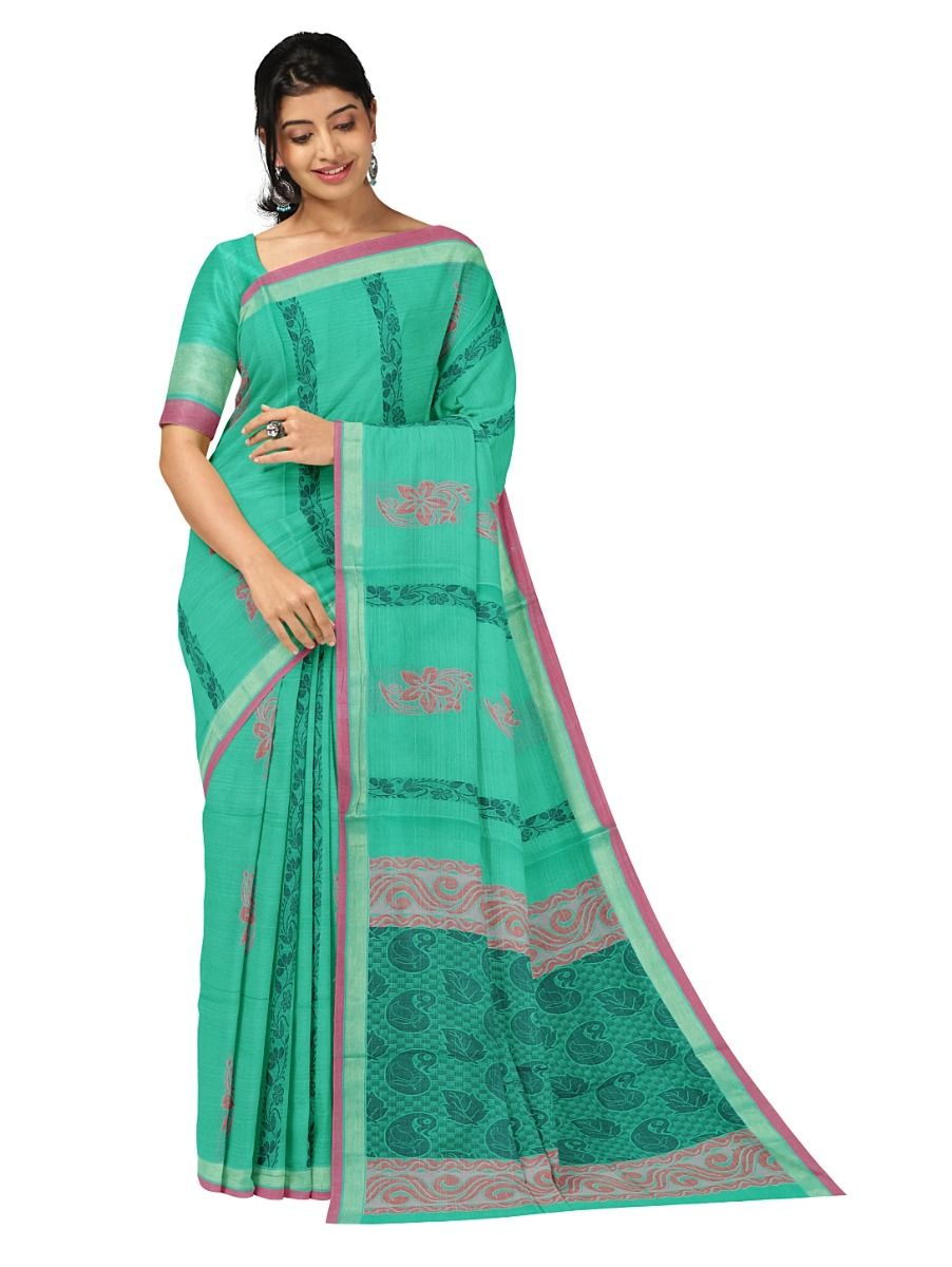 GraceCharm Kovai Cotton Floral Butta Vine Stripe Paisley Jaal Pallu Saree