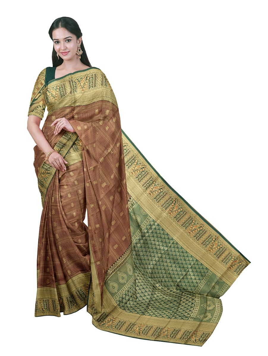 Gracecharm Art Silk Checked Butta with Contrast Pallu Saree
