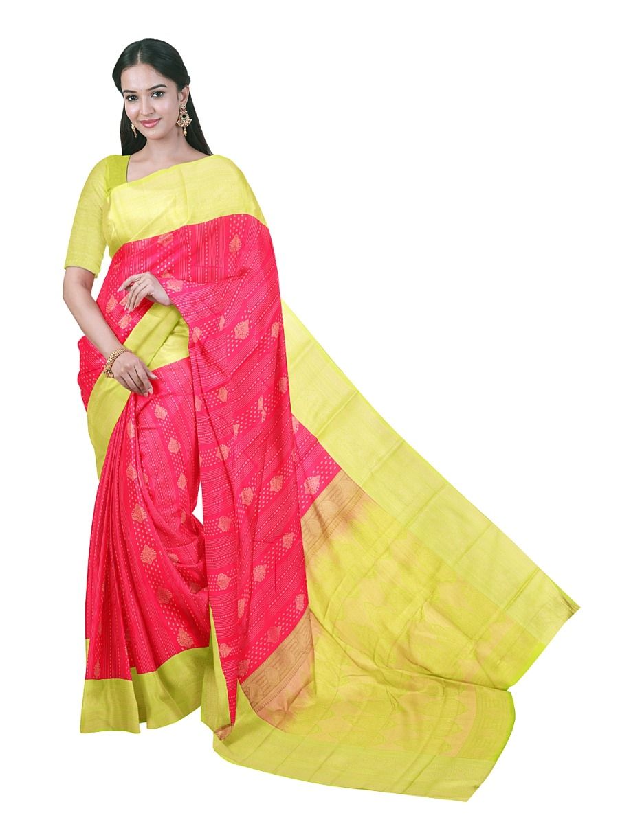 GraceCharm Art Silk Rani Pink Zari Striped Butta with Lime Green Pallu Saree