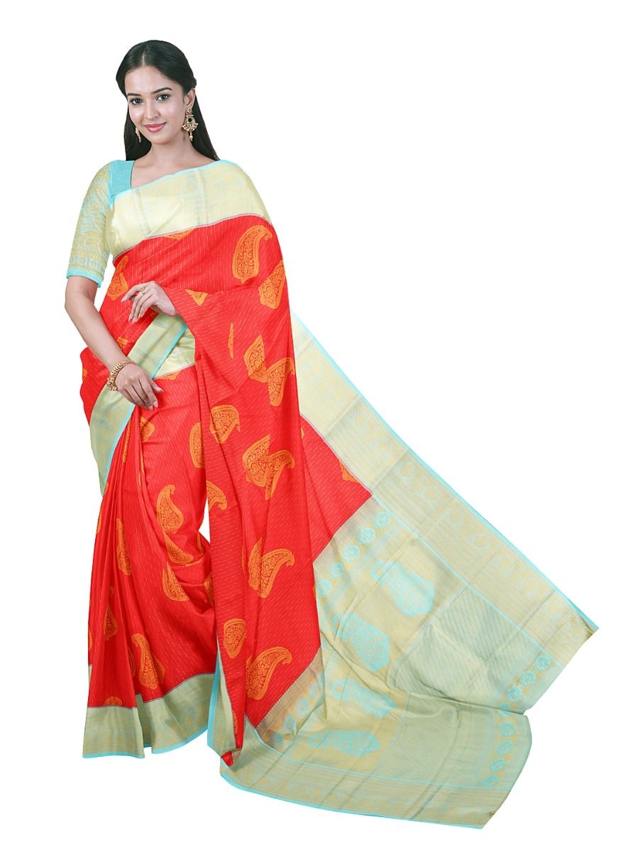 GraceCharm Art Silk Red Mango Paisley Butta Zari Border Saree