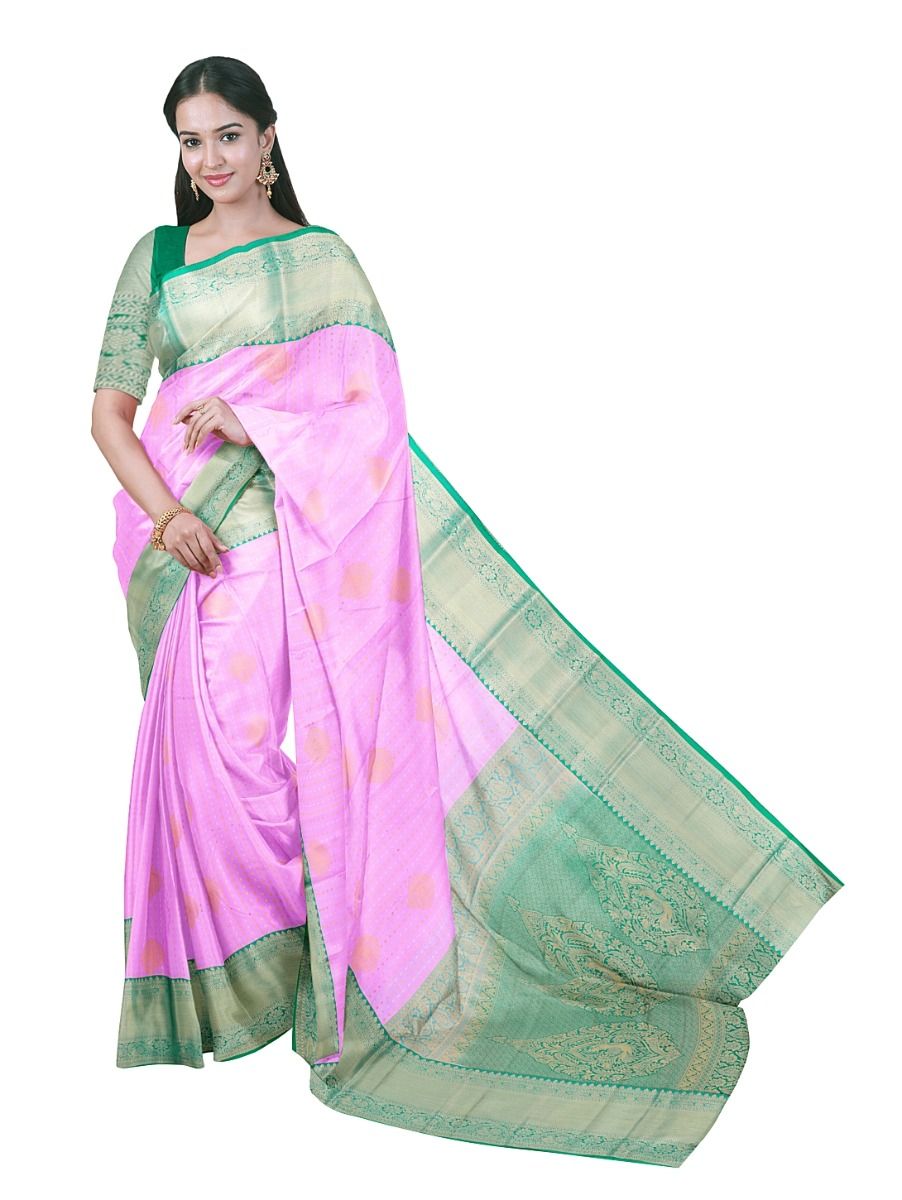 GraceCharm Art Silk Lavender Pink Butta with Sea Green Zari Border Saree