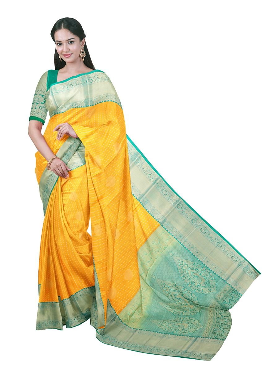 GraceCharm Art Silk Mango Yellow Butta with Medallion Pallu Saree