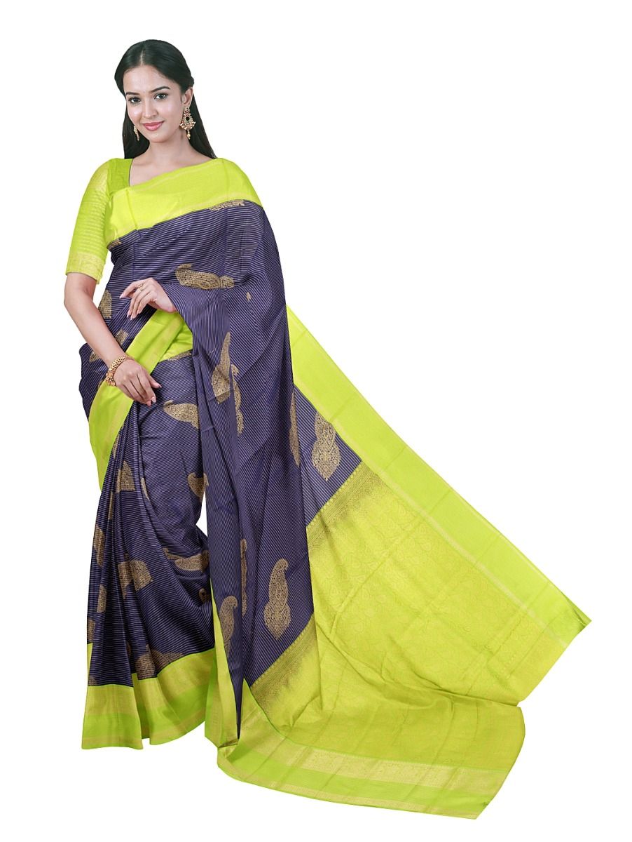 GraceCharm Art Silk Navy Blue Zari Stripes Paisley Butta with Floral Jaal Pallu Saree