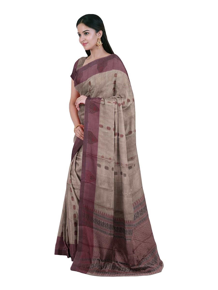 GraceCharm Cotton Taupe Brown Floral Butta with Geometric Pallu Saree