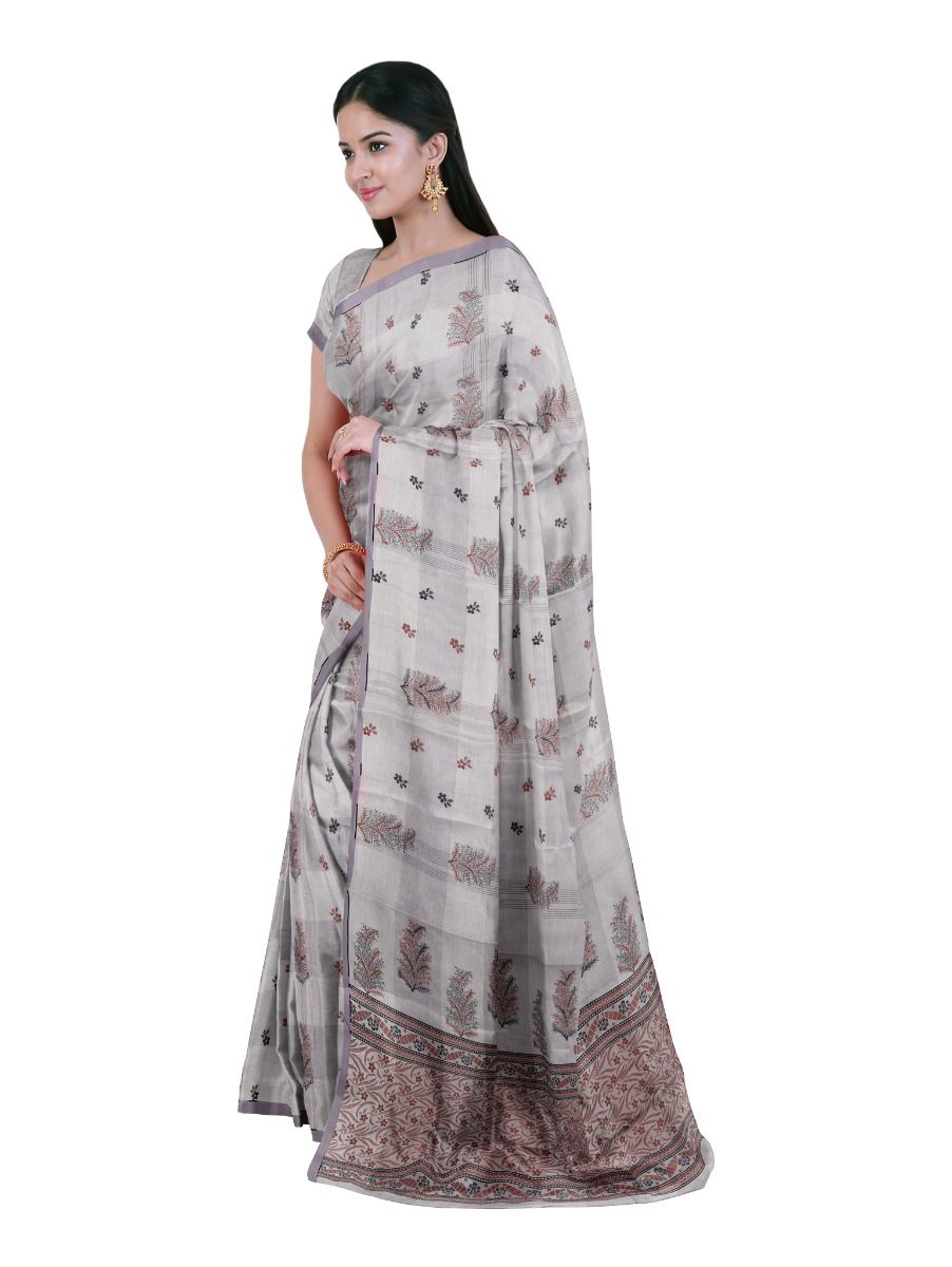 GraceCharm Cotton Lavender Grey Floral Butta with Floral Vine Pallu Saree