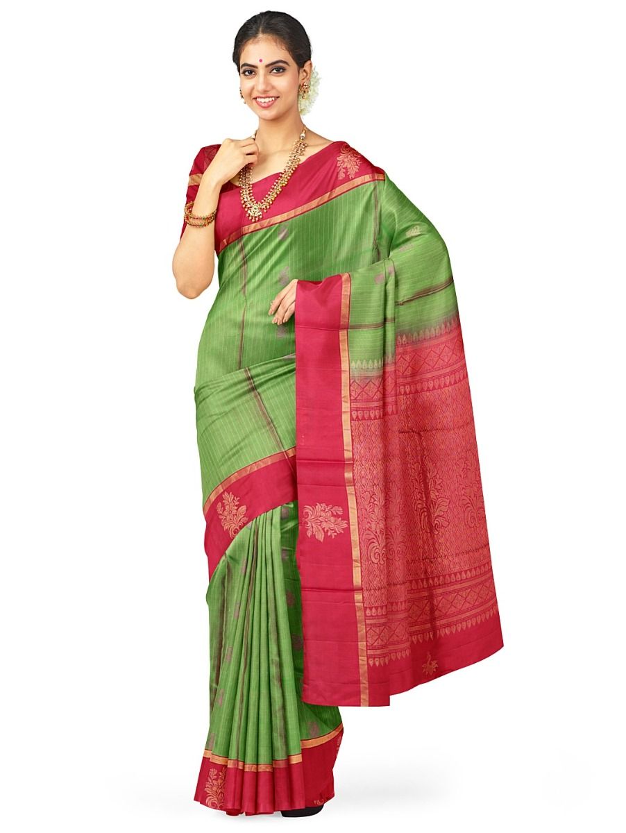 Kanmanie Soft Silk Leaf Butta with 5 Inch Asthiri Border Saree