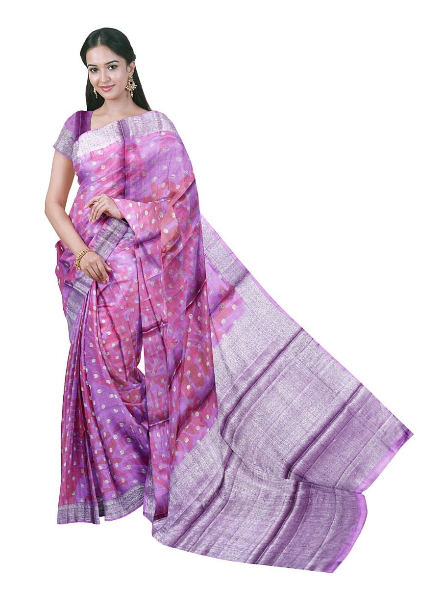 Graceful Essence Tussar Silk Leaf Print Silver Dot Butta Zari Border Saree