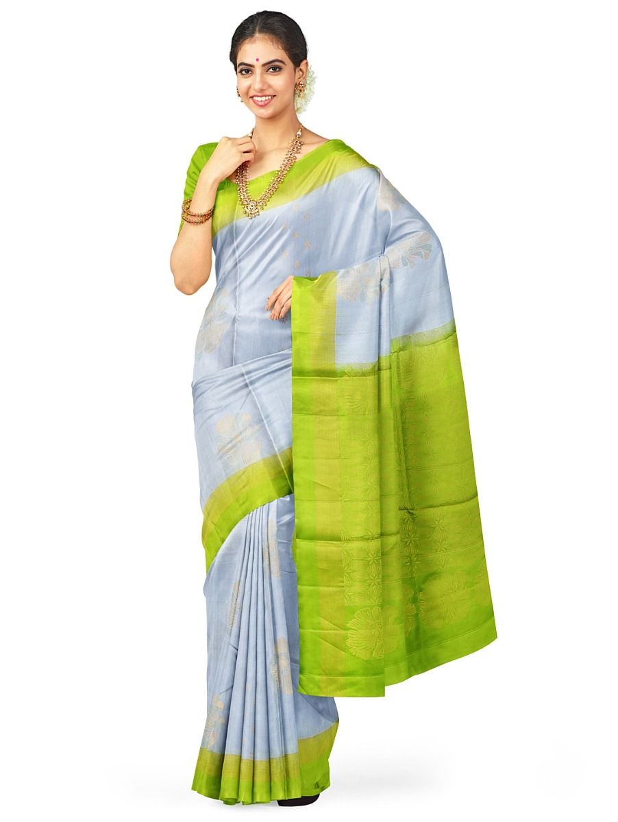 Kanmanie Soft Silk Hibiscus Butta with 5 Inch Tissue Asthiri Border Saree