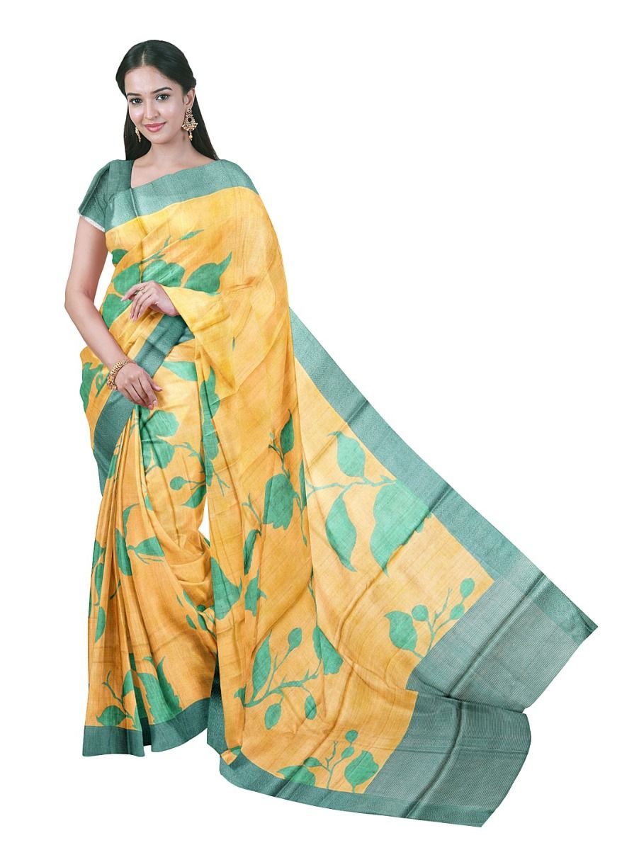 Graceful Essence Tussar Silk Floral Leaf Silhouette Geometric Border Saree
