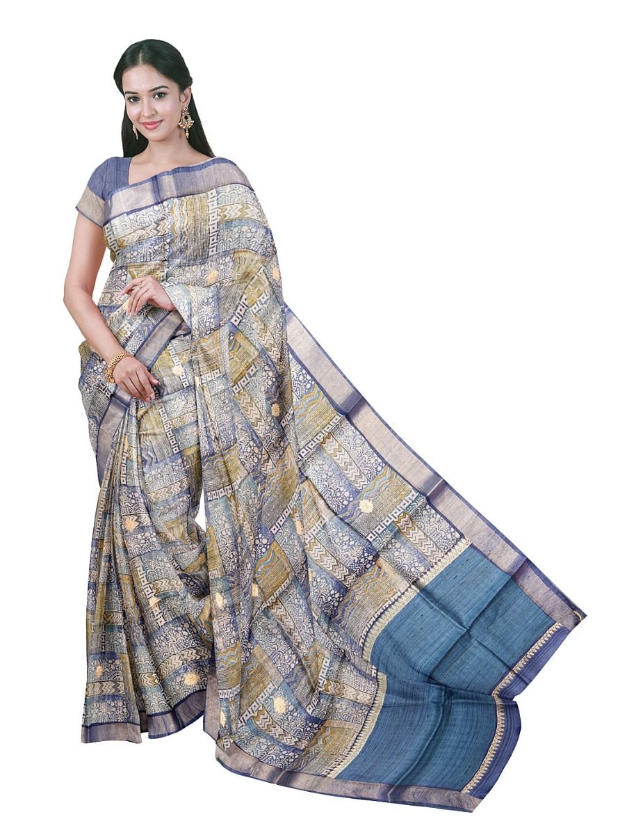Graceful Essence Tussar Silk Geometric Panel Stripe Floral Butta Print Saree