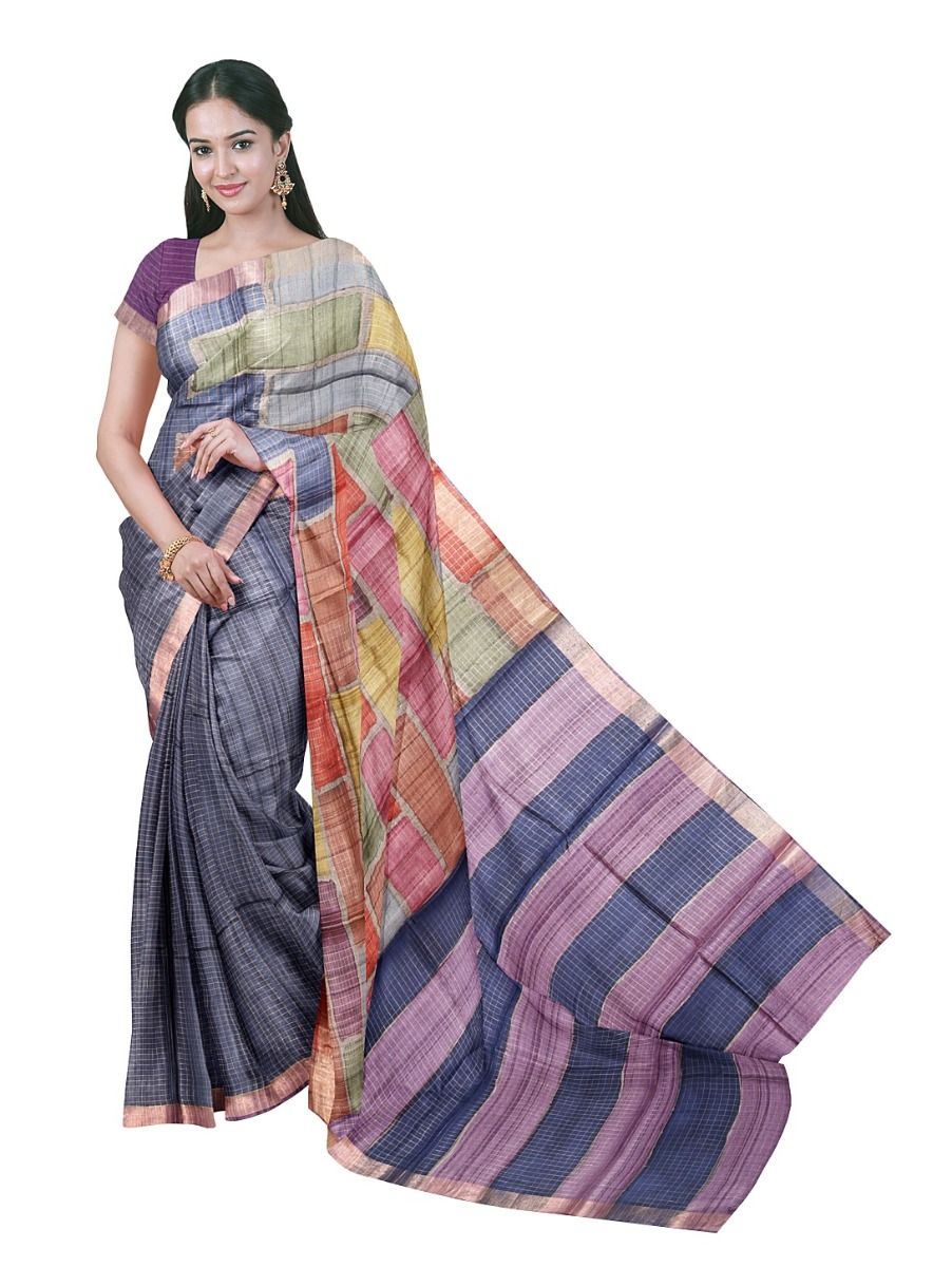 Graceful Essence Tussar Silk Multicolor Grid Check Brick Print Saree