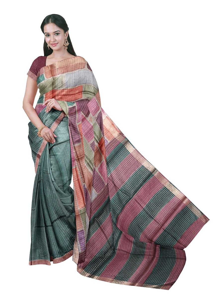 Graceful Essence Tussar Silk Multicolor Grid Check Brick Print Saree