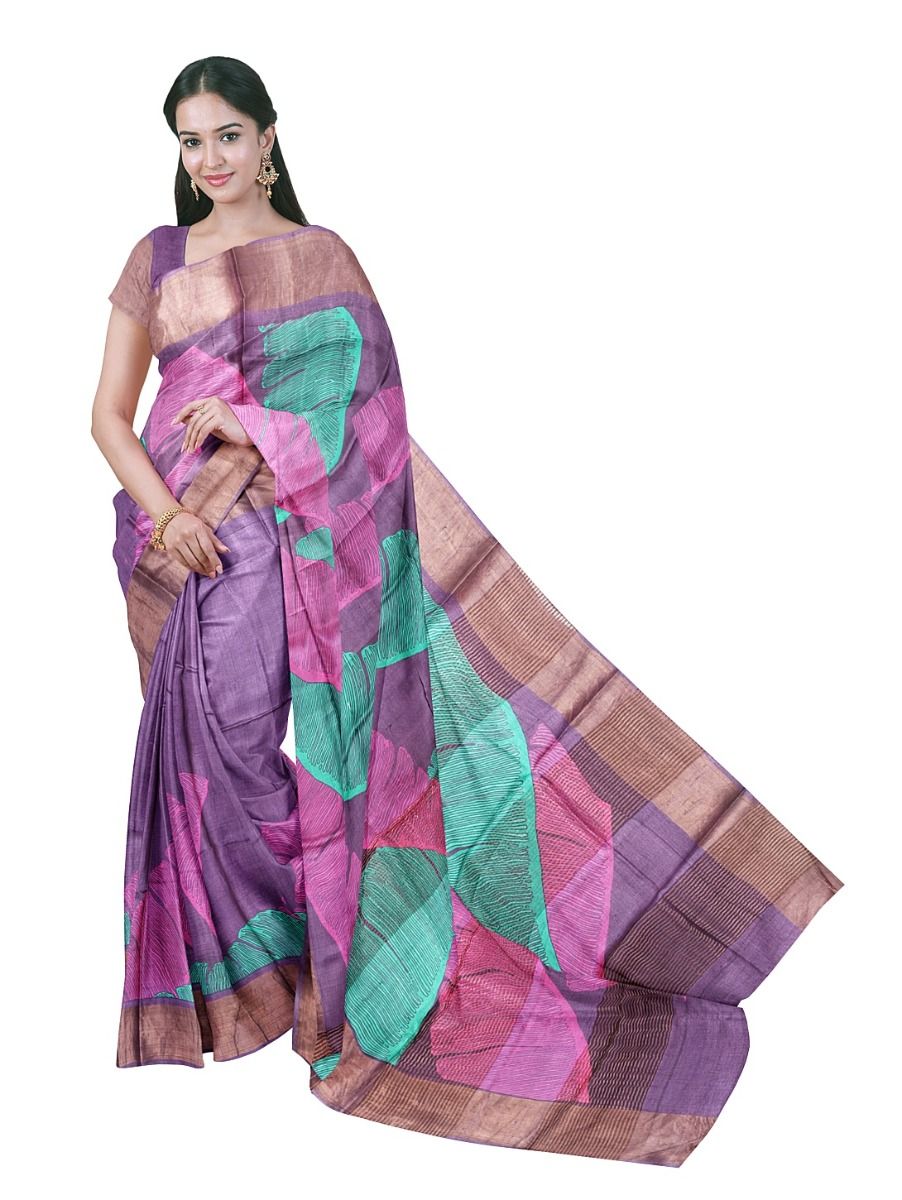 Graceful Essence Tussar Silk Tropical Banana Leaf Print Zari Border Saree