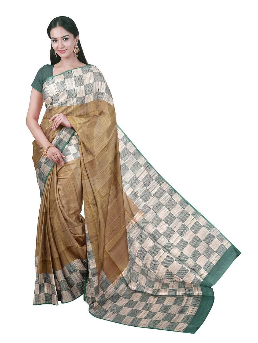 Gracecharm Pure Soft Silk Plain with Checkerboard Pallu Saree
