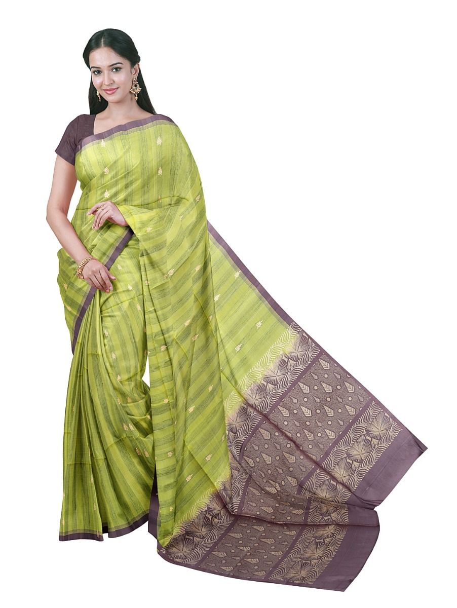 Gracecharm Pure Soft Silk Leaf Butta with Fan Floral Pallu Saree
