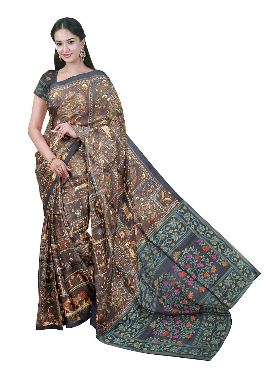 Graceful Essence Tussar Silk Animal Floral Print Design with Border Saree