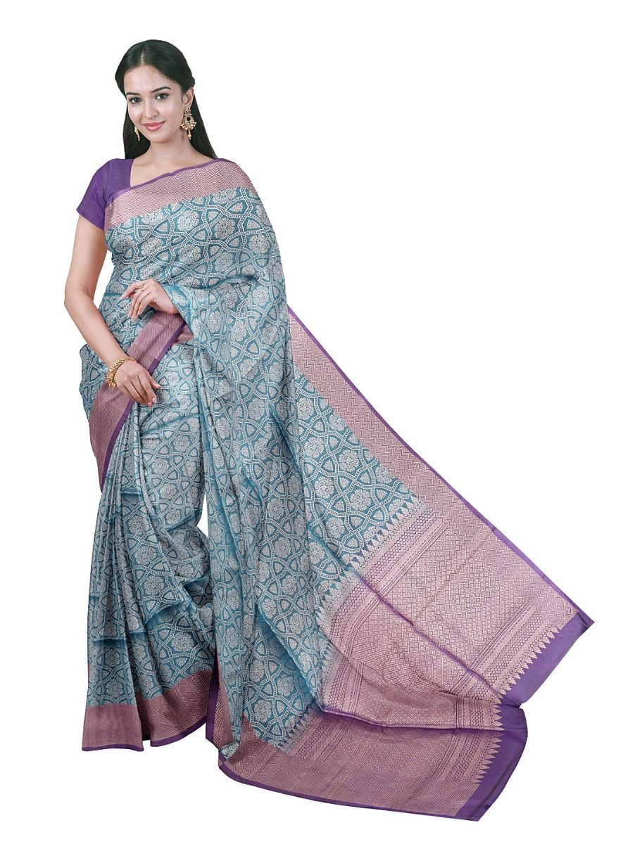 Gracecharm Pure Soft Silk Geometric Floral Jaal with Diamond Lattice Pallu Saree