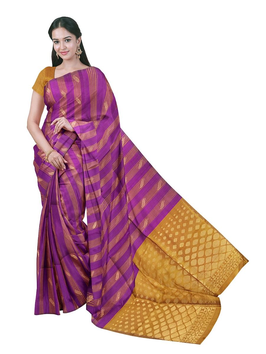 Gracecharm Pure Soft Silk Striped Leaf Butta Diamond Lattice Pallu Saree