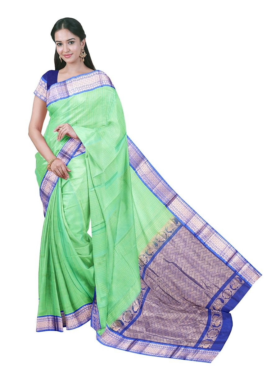 Silk Cotton Mint Green Checks Basket Weave Peacock Pallu Saree  