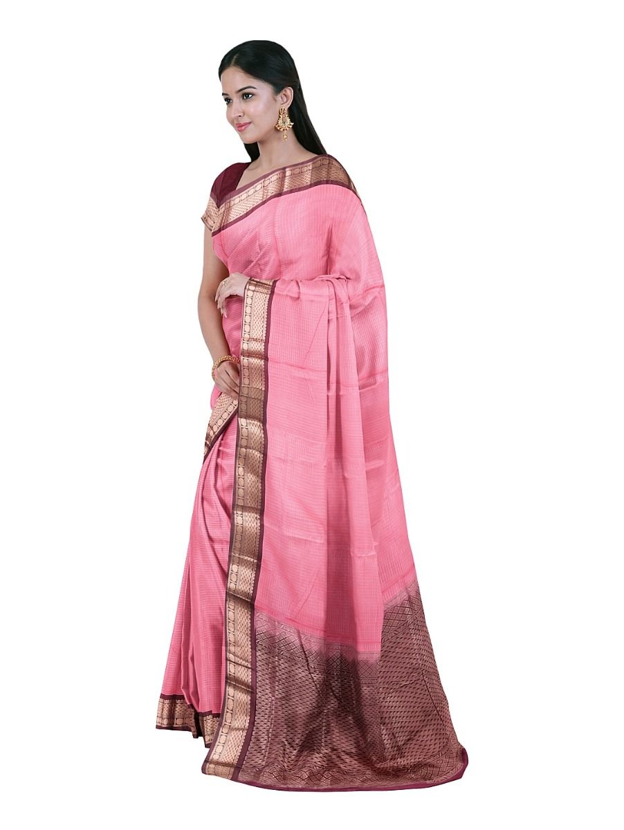 Silk Cotton Coral Pink Checks Diamond Lattice Pallu Saree