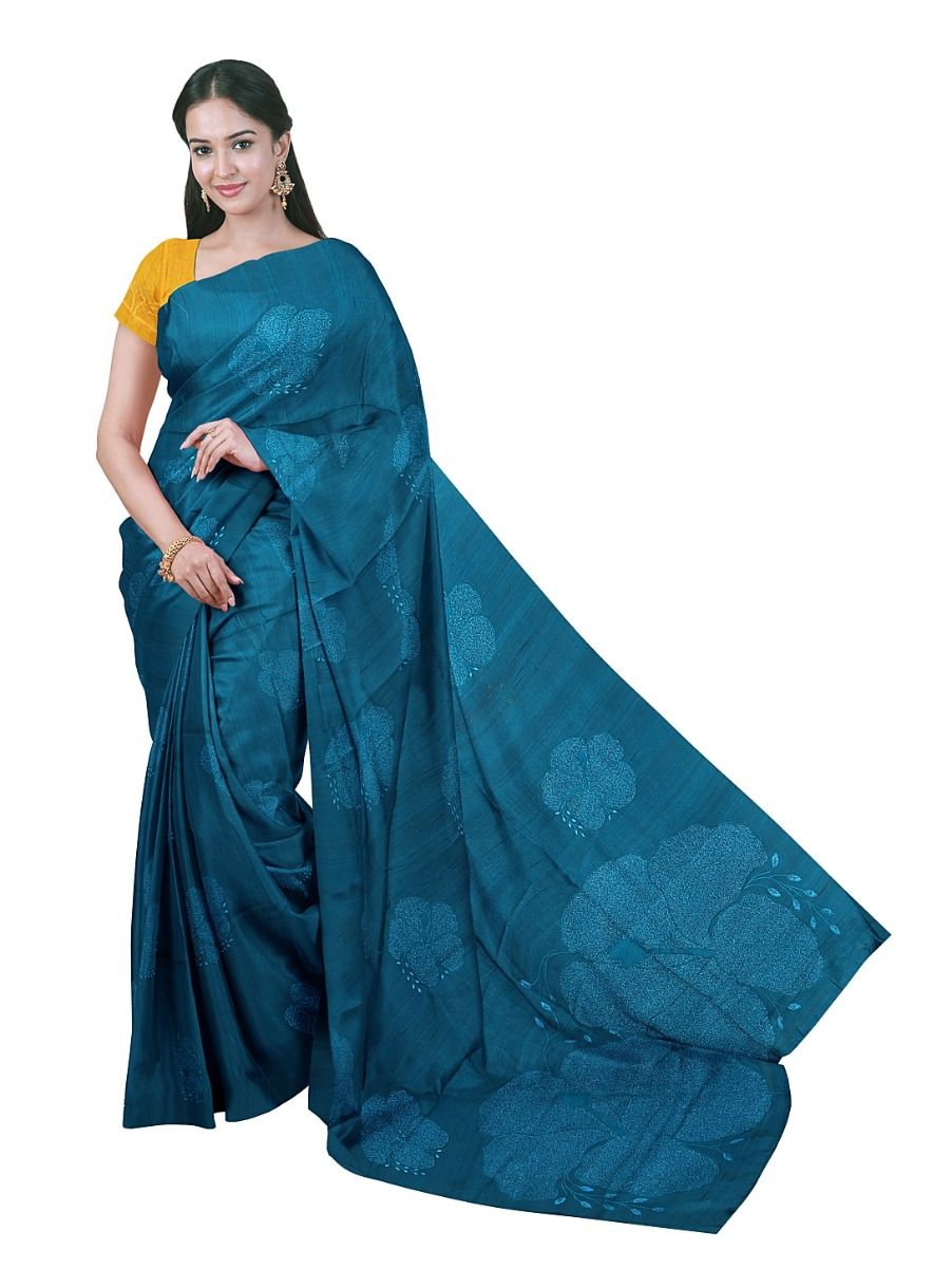 Gracecharm Semi Tussar Floral Embroidered Saree with Large Floral Pallu Design