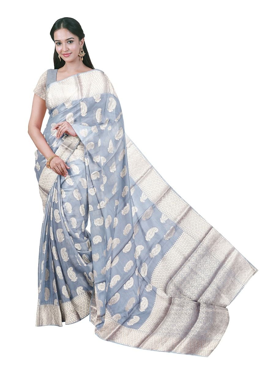 Gracecharm Art Chiffon Paisley Butta with Geometric Diamond Jaal Pallu Saree