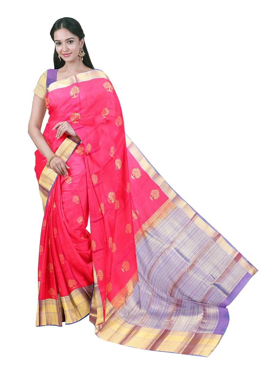 Art Soft Silk Rani Pink Tree Butta Lavender Zari Stripe Pallu Saree  