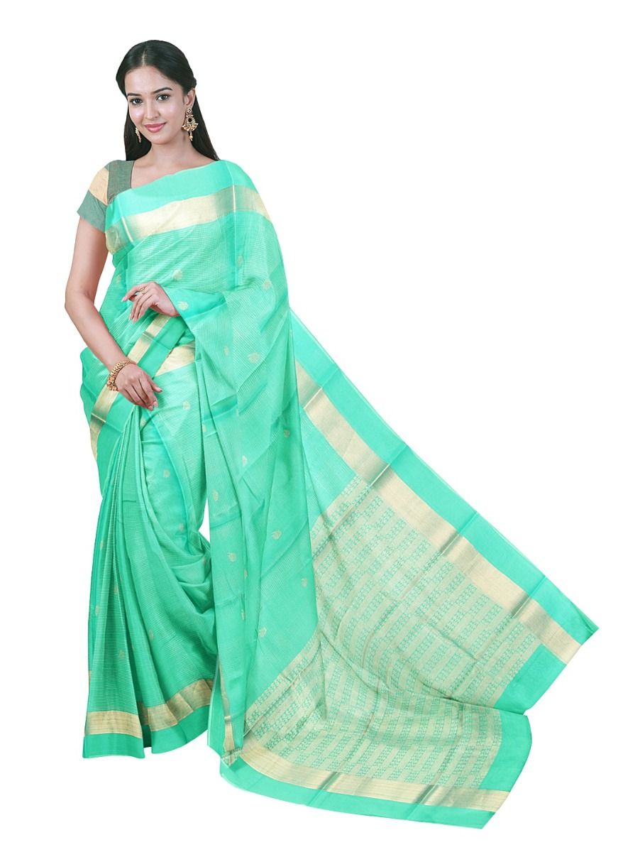 Kora Silk Cotton Sea Green Paisley Butta Geometric Zari Pallu Saree  